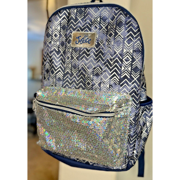 Girls Justice Navy And Silver Backpack With Sequins Back To School - Picture 1 of 7
